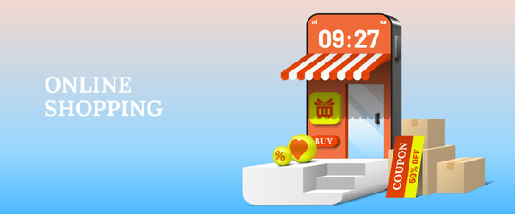 Shopping basket and buy button on smartphone screen with parcel boxes and coupon online shopping concept 3d vector
