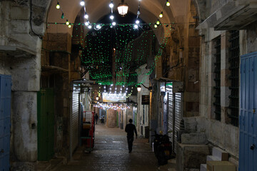Fototapeta na wymiar Jerusalem streets at night time. Ramadan month