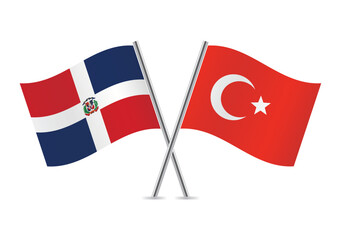 The Dominican Republic and Turkey crossed flags. Dominican and Turkish flags on white background. Vector icon set. Vector illustration.