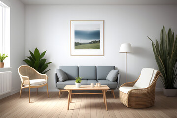 Home mockup, white room with natural wooden furniture, 3d render