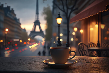 Delicious coffee on blurred background of Paris cozy street and Eiffel tower. Generative AI - obrazy, fototapety, plakaty