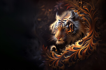 Tiger head with abstract fractal pattern on black background. Abstract image of lion. Fractal ornaments. Abstract background. Generative AI technology.