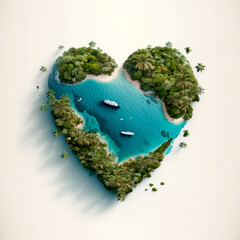 Generative AI illustration of heart shaped tropical island with floating boats