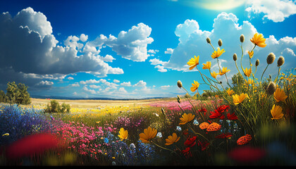 summer spring amazing field of flowers with blue sky, generative ai