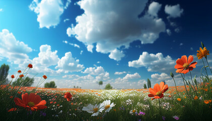 summer spring amazing field of flowers with blue sky, generative ai - 579819325