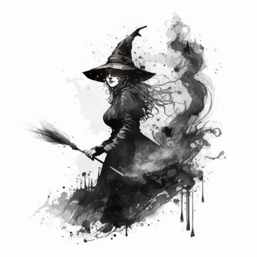 Generative AI illustration of witch with broom in hat
