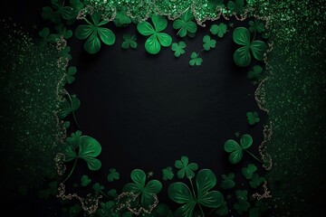 St. Patrick's day decoration concept shamrock lucky 4 leaf clover and glitter border on a black background. Green and Gold flat lay template concept. Happy St. Patrick's day. Generative A.I.