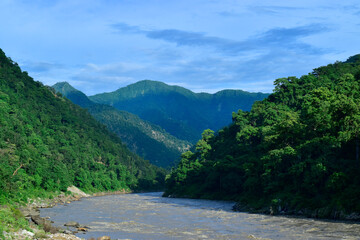 Beautiful Mountain with River and blue sky, uttarakhand landscape 