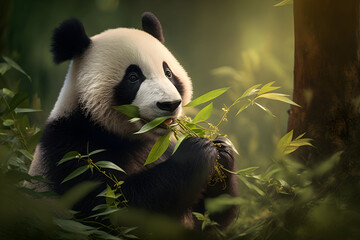Obraz premium Giant panda eating bamboo with natural sunset view. Generative AI