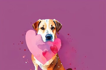 Cute watercolor illustration of a puppy with hearts. generative AI.