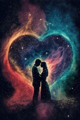 Fototapeta na wymiar Happiness in space silhouette, rainbow of colors kiss, couple in love, GENERATIVE AI