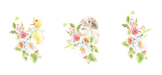 Watercolor Easter animal cute bunny, duck bouquet illustration, spring flower composition clipart arrangement. Botanical spring flower frame, peony,rose,baby shower, happy birthday invite,border diy	