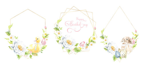 Watercolor Easter gold polygonal geometry frame illustration. Botanical spring floral frame, gold glitter wreath, chaplet, peony,rose, cute Easter bunny animal clipart, baby shower, happy birthday,