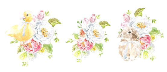 Watercolor Easter animal cute bunny, duck bouquet illustration, spring flower composition clipart arrangement. Botanical spring flower frame, peony,rose,baby shower, happy birthday invite,border diy	