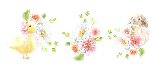 Watercolor Easter animal cute bunny, duck bouquet illustration, spring flower composition clipart arrangement. Botanical spring flower frame, peony,rose,baby shower, happy birthday invite,border diy	