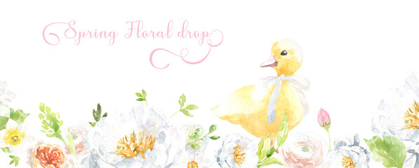 Spring Floral drop Happy Easter, Happy Birthday Watercolor Easter gold polygonal geometry frame illustration. Botanical spring floral frame, gold glitter wreath, chaplet, peony,rose, cute Easter bunny