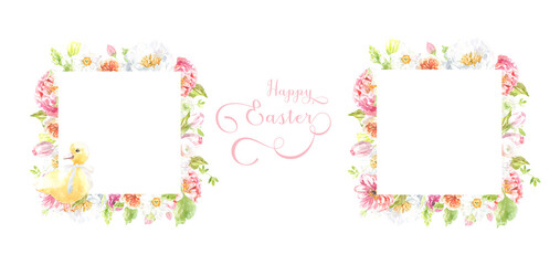 Happy Easter, Happy Birthday Watercolor Easter gold polygonal geometry frame illustration. Botanical spring floral frame, gold glitter wreath, chaplet, peony,rose, cute Easter bunny animal clipart 