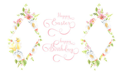 Happy Easter, Happy Birthday Watercolor Easter gold polygonal geometry frame illustration. Botanical spring floral frame, gold glitter wreath, chaplet, peony,rose, cute Easter bunny animal clipart 
