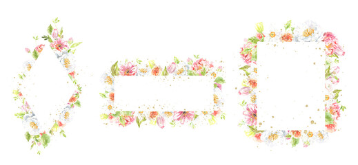 Watercolor Easter gold polygonal geometry frame illustration. Botanical spring floral frame, gold glitter wreath, chaplet, peony,rose, cute Easter bunny animal clipart, baby shower, happy birthday,