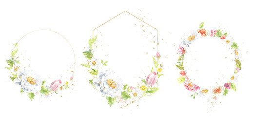 Watercolor Easter gold polygonal geometry frame illustration. Botanical spring floral frame, gold glitter wreath, chaplet, peony,rose, cute Easter bunny animal clipart, baby shower, happy birthday,