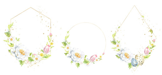 Fototapeta na wymiar Watercolor Easter gold polygonal geometry frame illustration. Botanical spring floral frame, gold glitter wreath, chaplet, peony,rose, cute Easter bunny animal clipart, baby shower, happy birthday,