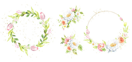 Spring watercolor floral wreath, frame, gold polygonal, peony bouquet, easter bunny duck, botanical frame, animal clipart, baby shower, happy birthday invite,border, banner, wallpaper, baby shower,