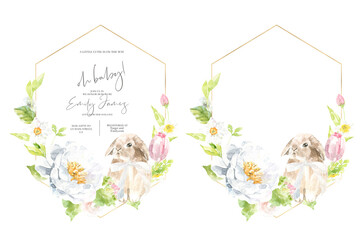 Watercolor Easter cute bunny,duck animal gold polygonal geometry frame illustration.Oh baby, baby shower Botanical spring floral frame, wreath, chaplet, peony,rose, bunny is turning 1, 2,3,4,5,6,7,8,9