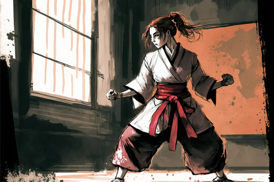 A concentrated woman performs martial arts movements in a dojo, the red, black and white providing a dynamic atmosphere. Generative AI