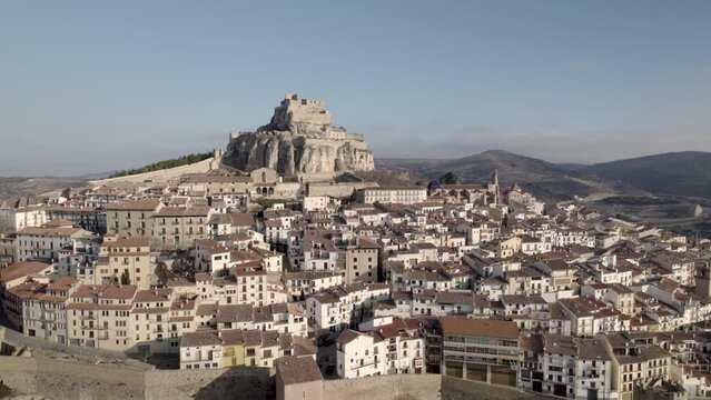 4K drone vertical aerial view of Morella medieval Village in Castellon, Spain