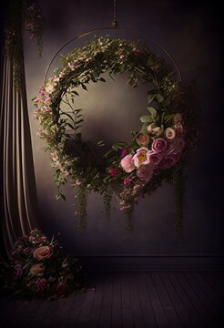 Dark hanging floral halo ring photography backdrop