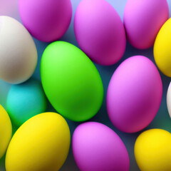 Fototapeta na wymiar Easter eggs background, pastel color painted eggs, top view. Generative AI