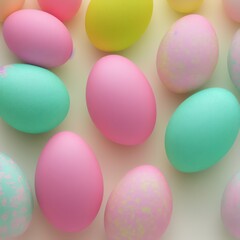 Fototapeta na wymiar Easter eggs background, pastel color painted eggs, top view. Generative AI