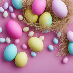 Fototapeta na wymiar Easter eggs and nest, pastel color painted eggs on table, top view. Generative AI