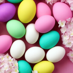 Easter eggs background, pastel color painted eggs, top view. Generative AI