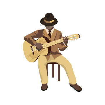 Bluesman in hat sitting on chair and playing the acoustic guitar. Musician vector illustration.