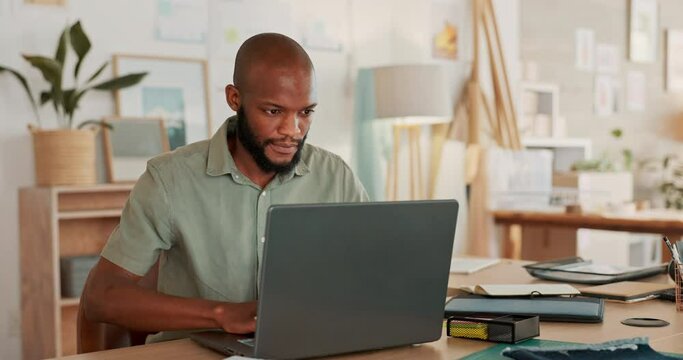 Creative black man, networking or working on laptop for planning, research or strategy for company vision or mission. Business, typing an online corporate report, schedule or SEO agenda