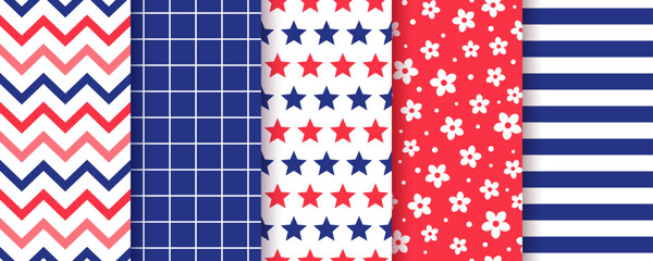 American seamless pattern. 4th July patriotic backgrounds. Happy independence textures. Set of abstract geometric prints with stars, stripes and zigzag. Blue red wrapping paper. Vector illustration.