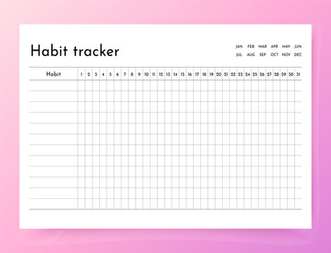 Habit tracker. Template habit diary for month. Journal planner with bullets. Layout for daily goal list. Simple design. Horizontal, landscape orientation. Paper size A4. Vector illustration.