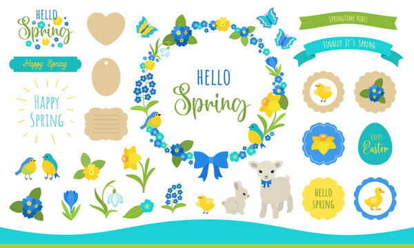 Cute spring clipart set. Flowers, cute birds and animals. Easter tags labels for text. Scrapbook journaling spring stickers collection. Blue, yellow, turquoise, lime green color. Flat vector graphics.
