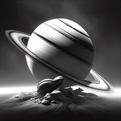 3D illustration of planet Saturn in galaxy space, with rings in a futuristic image; abstract background; generative AI