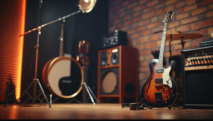 Rehearsal studio room with drum kit. Music repetition base. Indoor background. AI generative image.