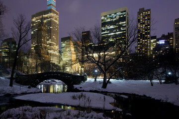 Central park with Manhattan buildings at the background in New York City. Snow day at winter.