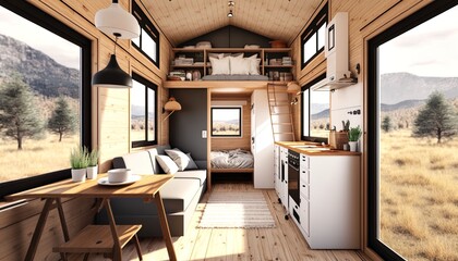 Tiny house interior with warm wooden decor, light and airy, AI generative - obrazy, fototapety, plakaty