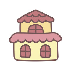 Cute yellow two-story house in children's doodle style. A hut with a pink roof. A simple flat design element for baby products. Clip art for nursery posters