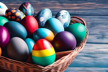 Easter eggs in basket on wooden background cool tone