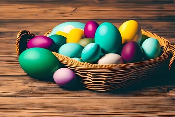 Easter eggs in basket on wooden background