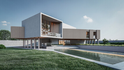 Fototapeta premium Architecture 3d rendering illustration of minimal house with swimming pool