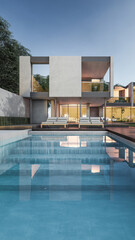 Architecture 3d rendering illustration of minimal house with swimming pool