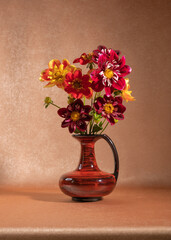 Still life with beautiful, colorful dahlias. A bouquet of flowrs