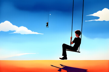 Fantasy Illustration of a young man on a swing missing his partner